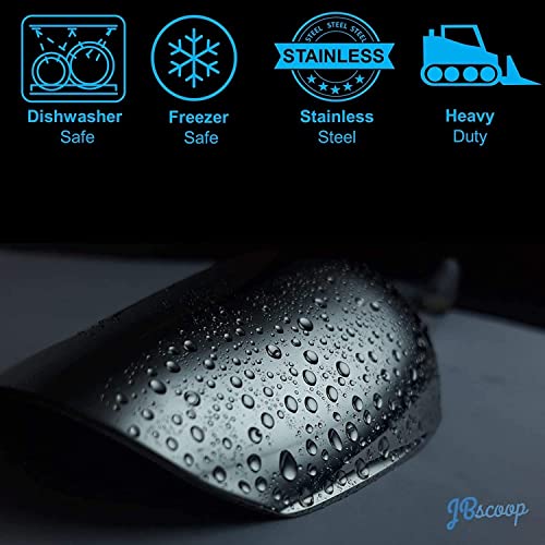 Large Ice Scoop with Holes. Stainless Steel Ice Scoop with Drain Holes to Reduce Unwanted Dilution. Heavy Duty and Dishwasher Safe. Six Ounce Capacity