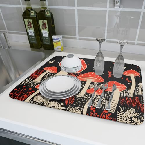 Red Mushroon Dish Drying Mat for Kitchen Counter Black Microfiber Absorbent Dish Pad 24 x 18 in (Red Mushroon 729 / 24" x 18")