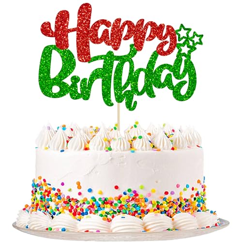 1Pcs Happy Birthday Cake Topper Glitter Happy Birthday Cake Pick for Christmas Theme Baby Shower Anniversary Party Decorations Supplies Red Green (Style 2 / Red Green)