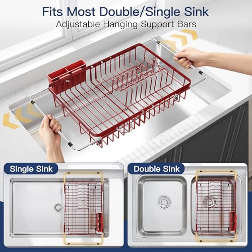 Red Dish Drying Rack Over the Sink with Utensil Holder (Red / For 12.5"-30"w Sink, Expandable)