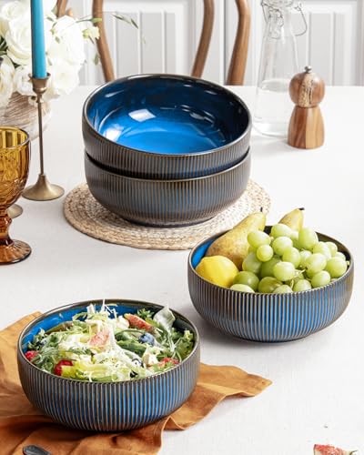 Large Serving Bowls Ceramic Salad Bowl Set of 2 (Embossed Stripes (Vintage Blue) / 8")