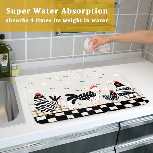 Black Rooster Dish Drying Mat for Countertop 18x24 Inches Buffalo Plaid Microfiber Drainer Rack Pads Fast Dry Dishes Mats Kitchen Accessories (Black Rooster / 18" x 24")