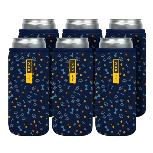 CanSok 6 Pack Sleeve for Beer & Soda Insulated Neoprene Cover (Paws and Bones / 12oz Slim Can Sleeve - 6 Pack)