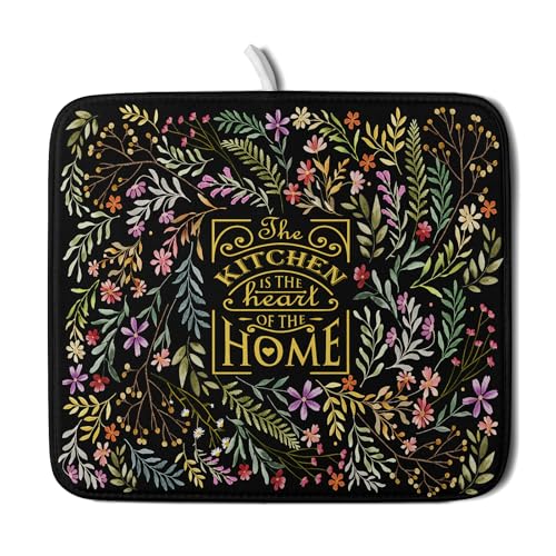 Absorbent Dish Drying Mat Colorful Flowers Microfiber Pad for Kitchen Counter Coffee Bar Decor 16" X 18" (Vintage Leaves Black / 18" x 16")