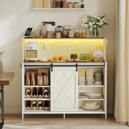 Coffee Bar Buffet Cabinet with LED Light and Power Outlet (With Power Outlet and Light / 14.2"D x 47.2"W x 44.9"H / Rustic White + Honey Brown)
