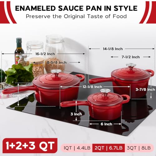 Cast Iron Sauce Pan Pot (Red / 1+2+3 Quarts)