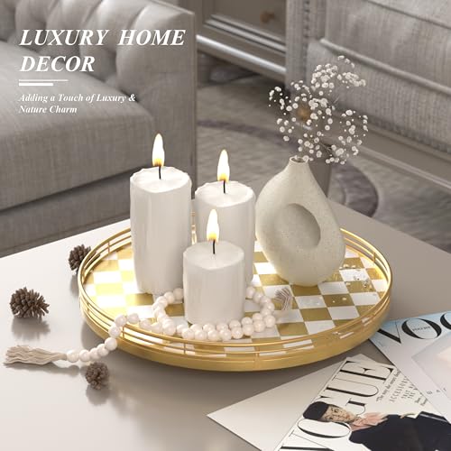 13 Inch Gold and White Checkerboard Lazy Susan with Rubberwood Base (Gold & White / 13 inches)