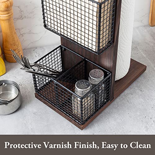 3-in-1 Kitchen Organizer with Paper Towel Holder, Napkin Holder & Spice Rack - Rustic Wood & Industrial Metal Pipe Caddy for Farmhouse Dining Table (Dark Brown Set)