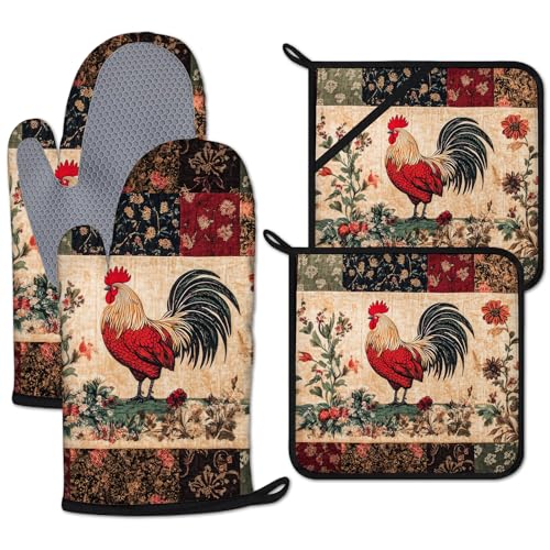 Rustic Rooster Oven Mitts and Pot Holders Sets Heat Resistant 4Pcs Potholders Oven Gloves Hot Pads for Kitchen Baking Cooking Grilling BBQ (Rustic Rooster)