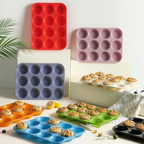 2 Pack 12 Cups Silicone Muffin Pan with Metal Reinforced Frame Regular Size Silicone Molds Cupcake Cake Baking Pans Cookie Baking Chocoflan Cupcake Mold Kitchen Baking Mold Tools for Cooking (2pc: 12-Cup Regular / Green)