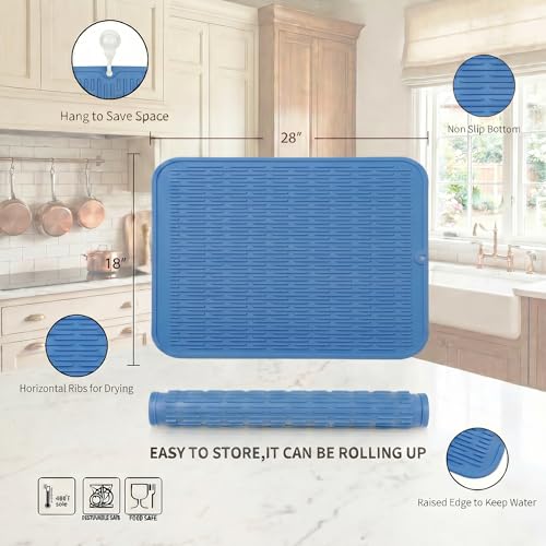 Silicone Dish Drying Mat for Multiple Usage (Lichen Blue / 28"L x 18"W)