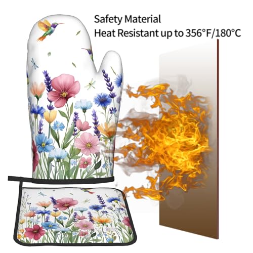 Spring Floral Oven Mitts and Pot Holder 2Pcs Hummingbird Flower Heat Resistant Kitchen Glove Washable Potholder for Baking Cooking Grilling (Hummingbird Flower)