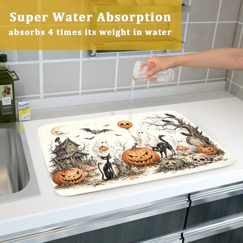 Halloween Pumpkin Ghost Dish Drying Mat Black Cat Microfiber Dishes Pad 18x24 Inch Holiday Dish Drainer Rack Mats for Kitchen Counter Sink (Pumpkin Ghost / 18x24 inch)