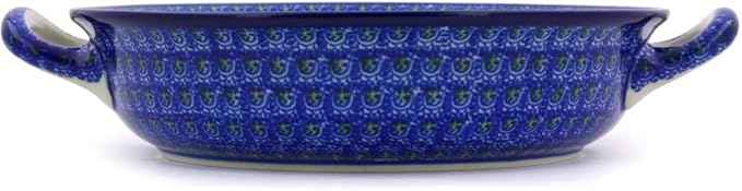 Polmedia Polish Pottery Round Baker with Handles - Blue Poppies Pattern Handmade in Boleslawiec Poland by Ceramika Artystyczna + Certificate of Authenticity