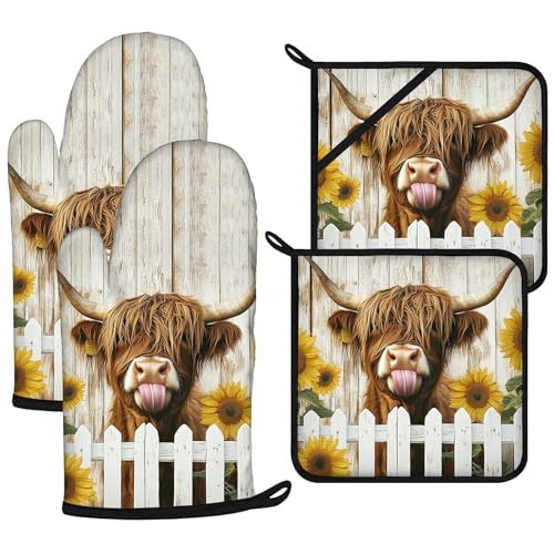 Sunflower Highland Cow Oven Mitts and Pot Holders Sets 4Pcs (Sunflower Highland Cow)