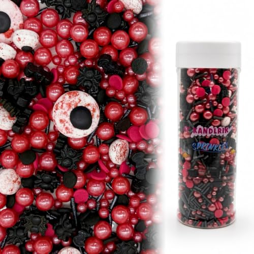 Red & Black Spiders Eyes Sprinkles Mix Size Halloween Themed Cake Decorations Cupcake Toppers Perfect for Wedding Valentine Supplies 4.58OZ (Red&Black-Spider&Eyes&Bats)