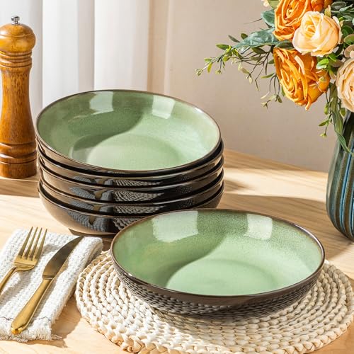 9.0" Ceramic Pasta Bowls Set of 6 (Set of 6 / Light Green)