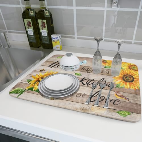 Sunflower Floral Dish Drying Mat for Kitchen Countertop 18x24 inch Rustic Wood Washable Microfiber Absorbent Dishes Drainer Rack Pad (Sunflower Wood Home / 18" x 24")