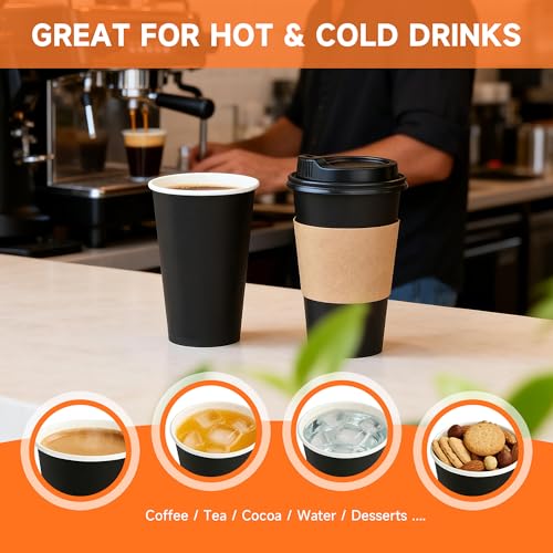 100 Pack 16 oz Disposable Coffee Cups with Lids and Sleeves (Black / 16 oz)