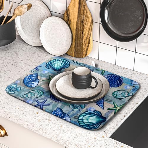 Starfish Seashell Dish Drying Mat 16x18 inch Coastal Beach Dish Drainer Rack Pad Absorbent Microfiber Fast Dry Kitchen Counter Accessories (Starfish Seashell / 16" x 18")