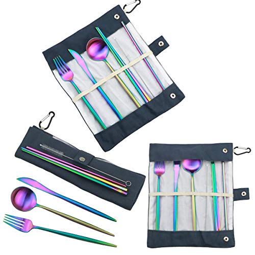 Reusable Travel Utensils (Blue Pouch / Rainbow-C)