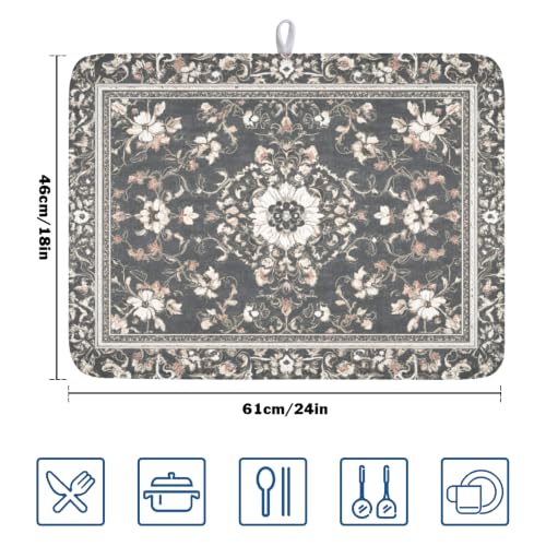 Boho Floral Dish Drying Mat Grey Leaves Dishes Drainer Pad 18x24 Inch Microfiber Absorbent Kitchen Dry Rack Mat for Counter Tableware Decor (Grey Boho Floral / 18x24 inch)