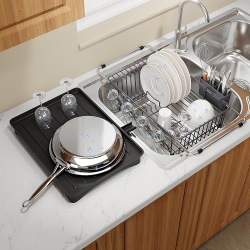 Grey Expandable Dish Drying Rack Over Sink with Extra Drainboard (Gray / For 11.5"-16" W Sink with Cup Holder & Drainboard)