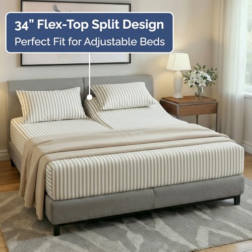 Flex Top Split Head King 4 Piece Sheet Set (44 - Beige Stripes 2 / Split Head/Flex Top)