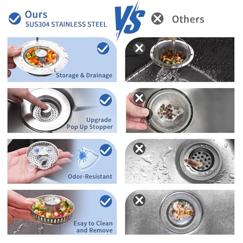3-in-1 Kitchen Sink Drain Strainer - Pop Up Sink Stopper, Stainless Steel Sink Drain Strainer, Kitchen Sink Stopper & Drain Plug with Anti-Clogging Basket,Sink Strainer Fits US Standard 3-1/2'' Drains (Sus304 Brushed 1pack)