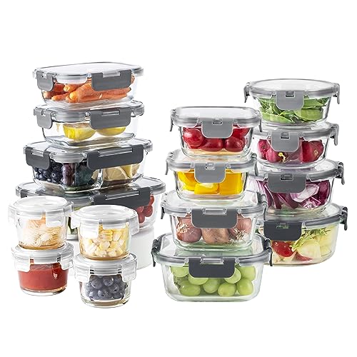 Premium 32 Pc. Borosilicate Glass Food Container Set with Dividers (Ombre Grey)