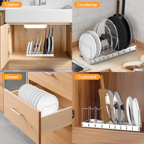 2 Pack 10 Tier Pan Organizer Adjustable Lid Organizer Kitchen Organizers and Pan Organizer and Storage Pot Heavy Duty Pot Lid Organizer for Kitchen Under Sink Storage Drawer (2 Pack)