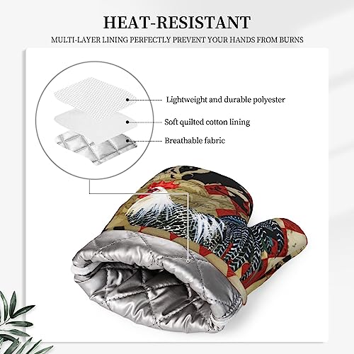 Rooster Print Oven Mitts and Pot Holders Sets Silicone Rooster Kitchen Mitts Potholders Heat Resistant 4Pcs Oven Gloves Hot Pads for Kitchen Baking Cooking BBQ Grilling (Rooster)