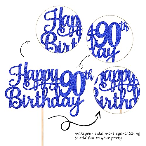 1 PCS Happy 90th Birthday Cake Topper Glitter Cheers to 90 Years Birthday Cake Pick Ninety 90 Fabulous Cake Decoration for Happy 90th Birthday Theme Party Decorations Supplies Blue (Blue / 90th)