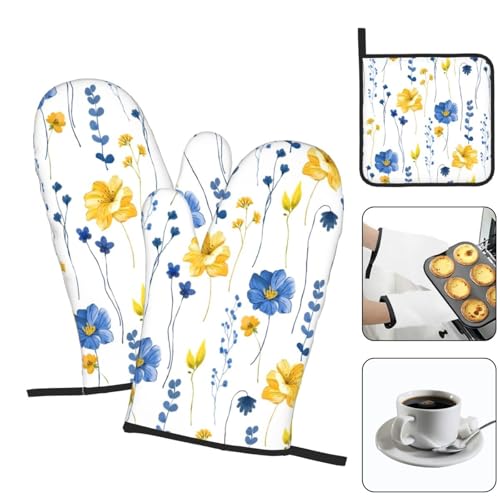 Navy Blue Yellow Flower Oven Mitts and Pot Holders Sets of 3 Watercolor Floral Decorative Hot Pads Heat Resistant Non Slip Washable for Cooking Grilling Baking BBQ Kitchen Decor (3 Count)