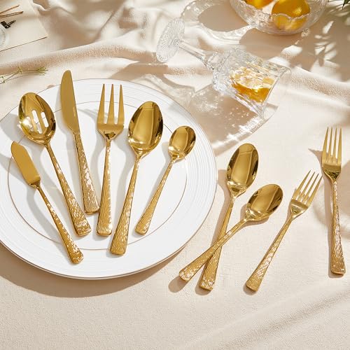 65 Piece Gold Silverware Set with Serving Utensils (65-Piece / Gold)