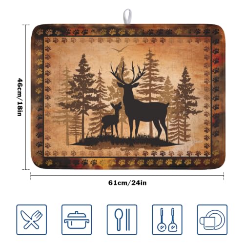 Forest Deer Dish Drying Mat Wildlife Animal Dishes Pad 18"x24" Microfiber Absorbent Fast Dry Drainer Rack Mats for Kitchen Countertop Decor (Forest Deer Brown / 18x24 inch)