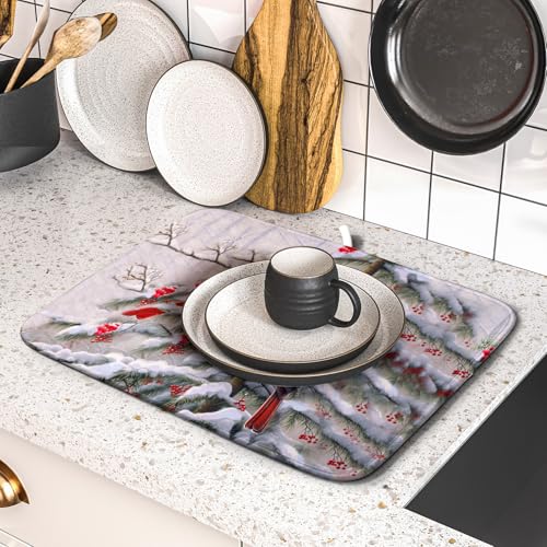 Red Birds Dish Drying Mat Winter Berry Dish Drainer Mats Absorbent Reversible Microfiber Kitchen Countertop Protector Dishes Pad 16x18 inch (Winter Red Bird / 16" x 18")