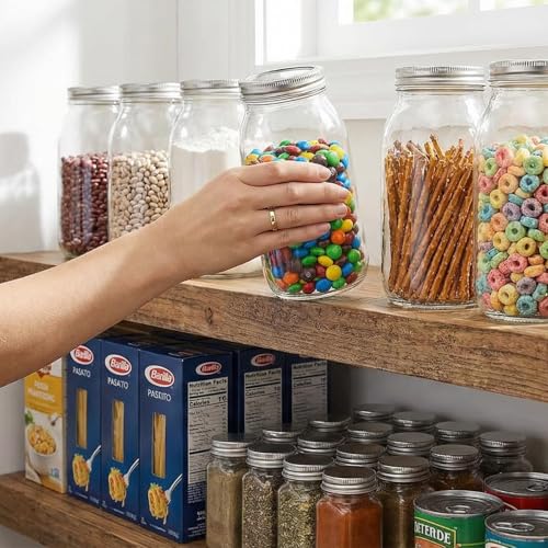 64 oz Large Plastic Mason Jars with Airtight Lids Wide Mouth (3 Pack Silver)