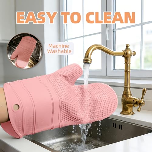 Silicone Oven Mitts Kitchen Potholder Set (2PCS-13"L x 7"W/PINK-HONEYCOMB SURFACE)