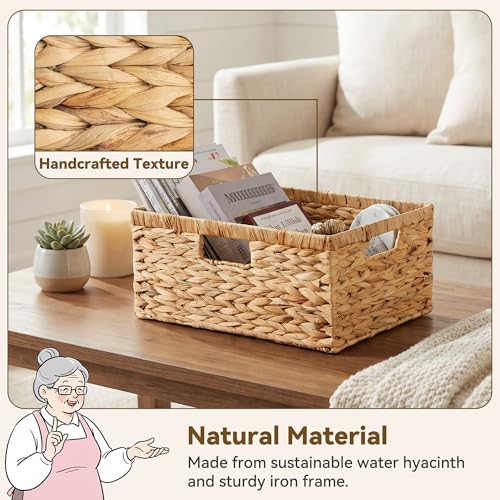 Wicker Baskets with Handles (Natural (Water Hyacinth) / 15"L x 11"W x 6¾"H)