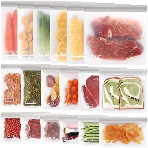 18 Pack Reusable Food Storage Bags Dishwasher Safe (18 Pack-6 Gallon 6 Sandwich 6 Snack / Gray)