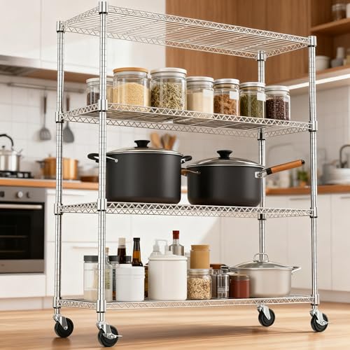 1400LBS 47.2" W 4 Tiers Storage Shelves Metal Shelving Unit with Wheels Heavy Duty Garage Shelving Adjustable Wire Shelves for Pantry (4 Tiers, 17.7"D x 47.2"W x 62.6"H / Chrome)