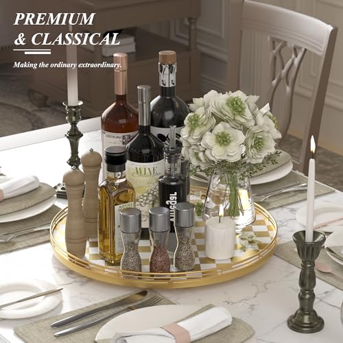 Gold and White Checkerboard Lazy Susan with Rubberwood Base and Metal Rail (Gold & White / 18 inches)
