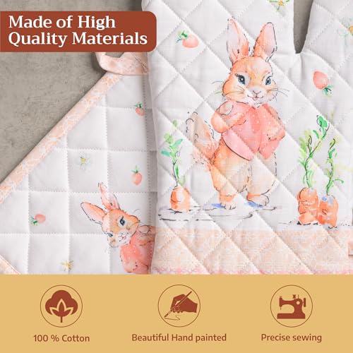 100% Cotton Oven Mitt & Pot Holder Set (013 - Bunny Party / 7.5" x 13" & 8" x 8" (Oven Mitt & Pot Holder))