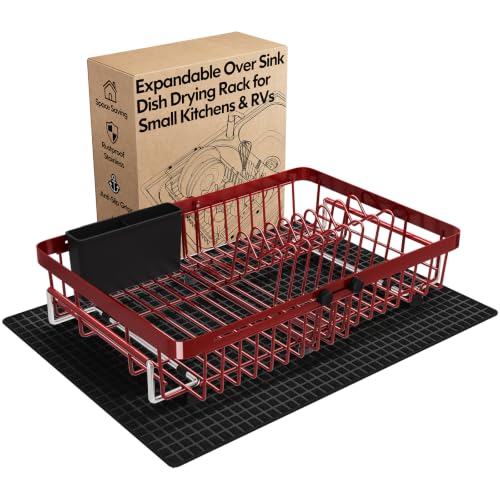 Red Expandable Dish Drying Rack Over Sink with Extra Drying Mat (Red / For 13"-30" W Sink with Mat)