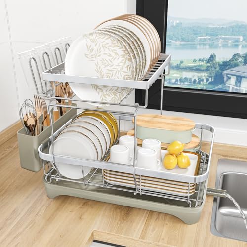 2 Tier Dish Drying Rack for Kitchen Counter (2-tier - Grey)