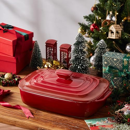 Large Ceramic Casserole Dish with Lid (Red)