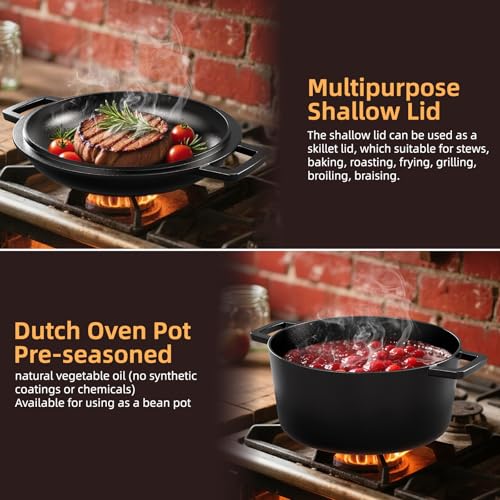 2-in-1 Pre-Seasoned Cast Iron Double Dutch Oven Pot with Skillet Lid & Silicone Sleeves – Raised Rib Skillet Lid– Umite Chef 7QT Cast Iron Skillet Cookware Pan Set wirh Dual Handles – Oven, Grill, Campfire & Stovetop Safe –PFAS-Free (7QT)