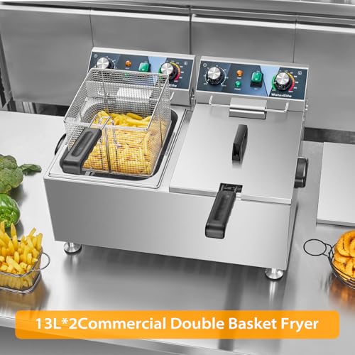 Deep Fryer Commercial Deep Fryers With Basket13Lx2 13.7Qt x 2 Thicken With Precise Temperature Control Timer Double Deep Fryer With 2 Baskets1800Wattsx2 120V Countertop Fryer Restaurant (26L 3600W)
