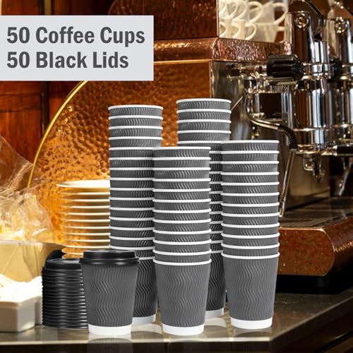 50 Pack 16 oz Insulated Disposable Coffee Cups with Lids (Gray / 16OZ-50Pack)